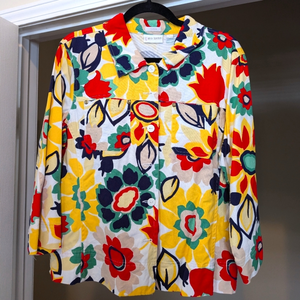 Erin London Colorful Floral Jacket Soft Canvas / Twill White Red Orange Blue